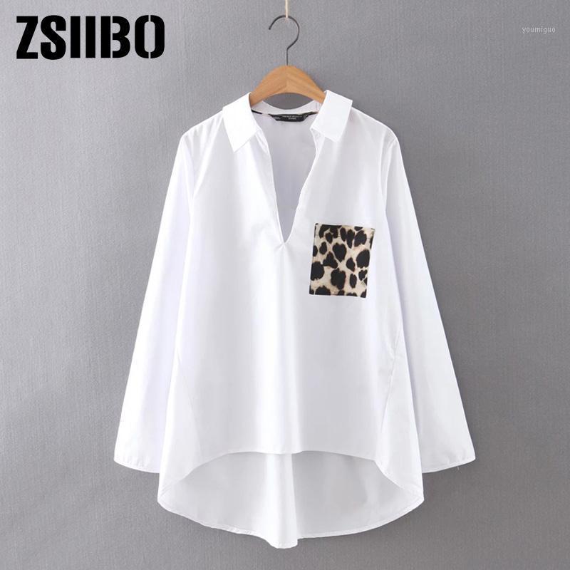 

Women' Blouses & Shirts Patched Leopard Pocket Dip Hem White Blouse Women Clothes Plus Size Casual Long Sleeve Ladies Tops Solid Loose Clot