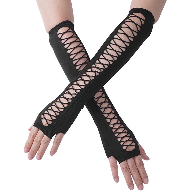 

Five Fingers Gloves Sexy Lace Long Hollow Elastic Half Finger Touch Screen Nightclub Dancing Etiquette Silk Mesh Fingerless Woman Mitten S84