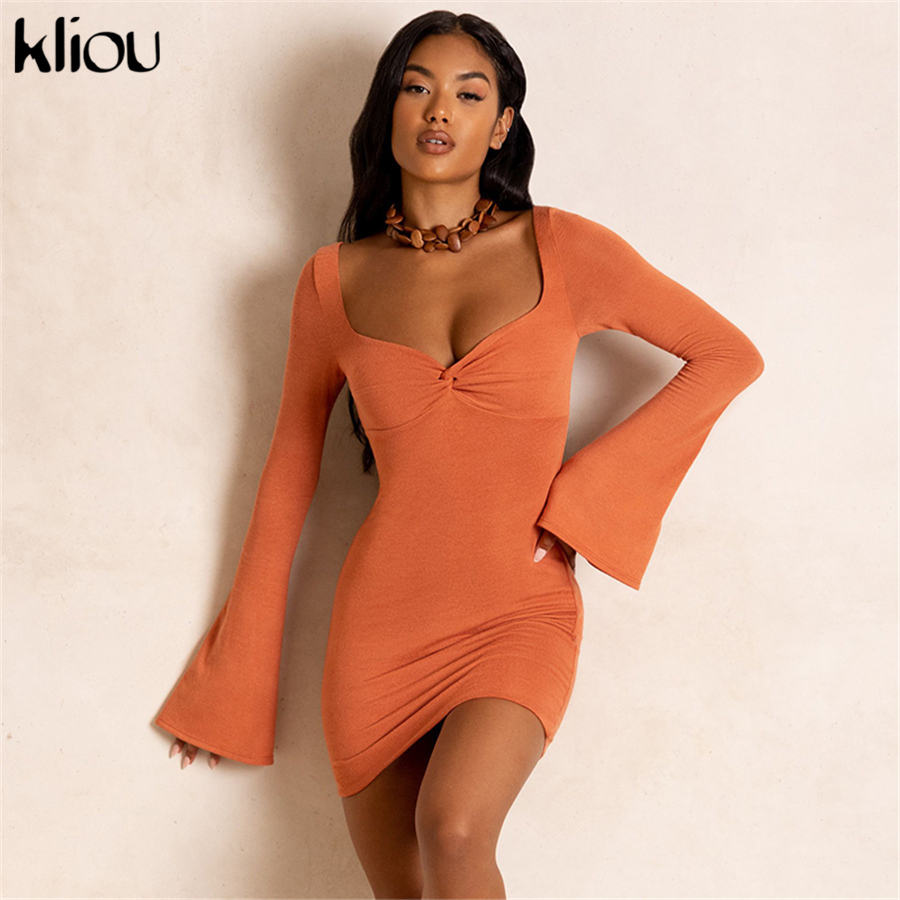 

Elegant Sexy Mini Dress Women Party Dinner Style Sheath Shirring Cleavage harajuku Flare Long Sleeve V-Neck vestidos, Gn