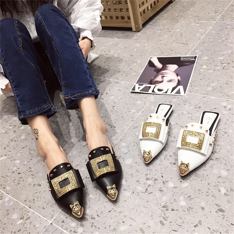 

Women Slippers Summer Mules Luxury Shoes Slip-on Loafer Design Slide Ladies Party Pointed Toe Flats Girls Designer Shoes Fashion 220429, White
