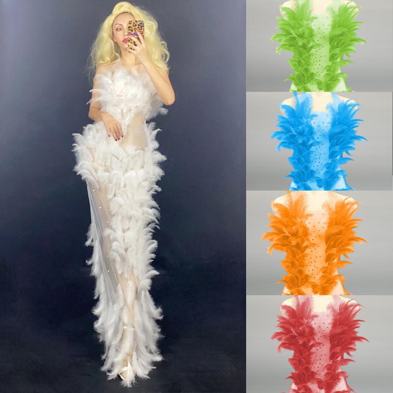 

Stage Wear Birthday Party Long Dress See-Through Rhinestone Feather Bandage Singer Dancer DJ Rave Drag Queen Costume VDB2304Stage StageStage, Blue
