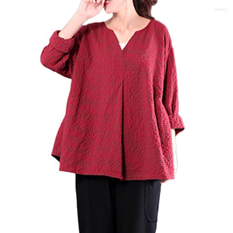 

Women's Blouses & Shirts Women Plaid Long Sleeve Cotton 2022 Autumn Casual Female Tops Vintage 3 Color V Neck Plus SizeWomen's Vere22, Green
