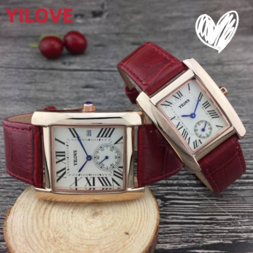 

High Quality Men Women Square Roman Dial Watch Genuine Leather Pin Buckle Clock Brown Black Red Quartz Imported Movement Party Business Waterproof Wristwatch, As pic