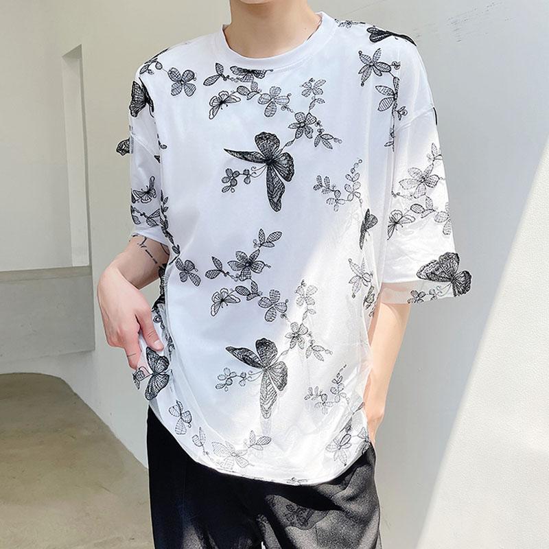 

Men's T-Shirts Men Butterfly Embroidery Mesh 2 Layers Short Sleeve Loose Casual T-shirt Male Women Vintage Streetwear Couple Tops Tees Shirt, 2392 black
