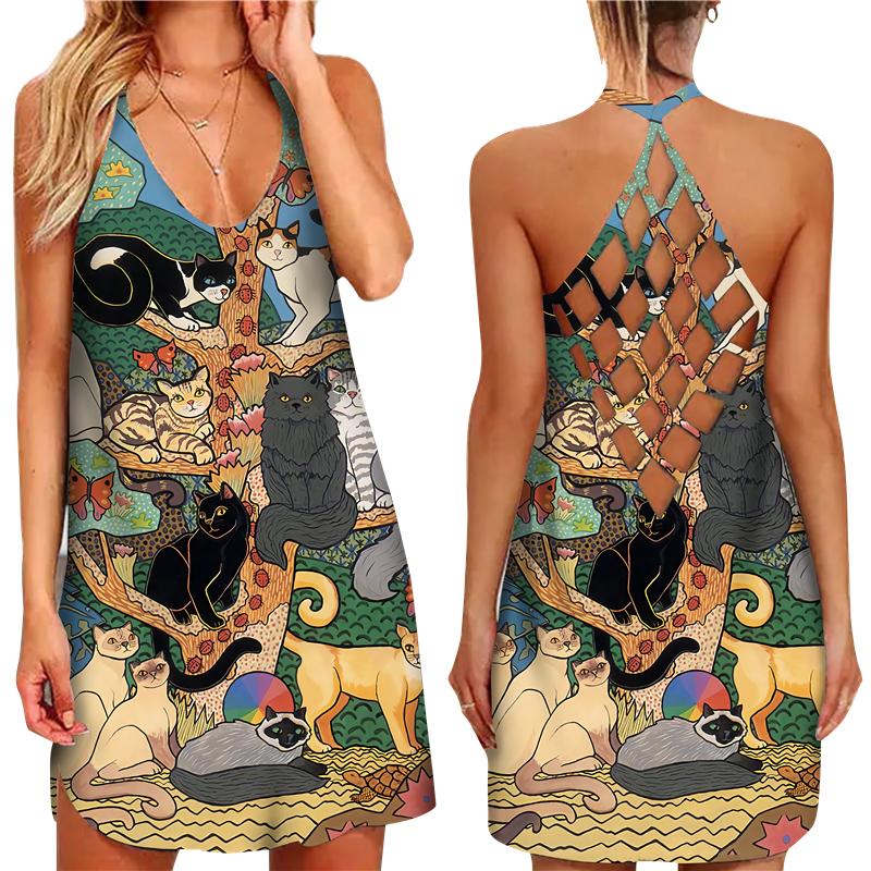 

Casual Dresses Summer Digital 3D Cat Printed Women Dress Sexy Criss-Cross Open Back Suspender Girls Loose Hollow Sleeveless DressCasual