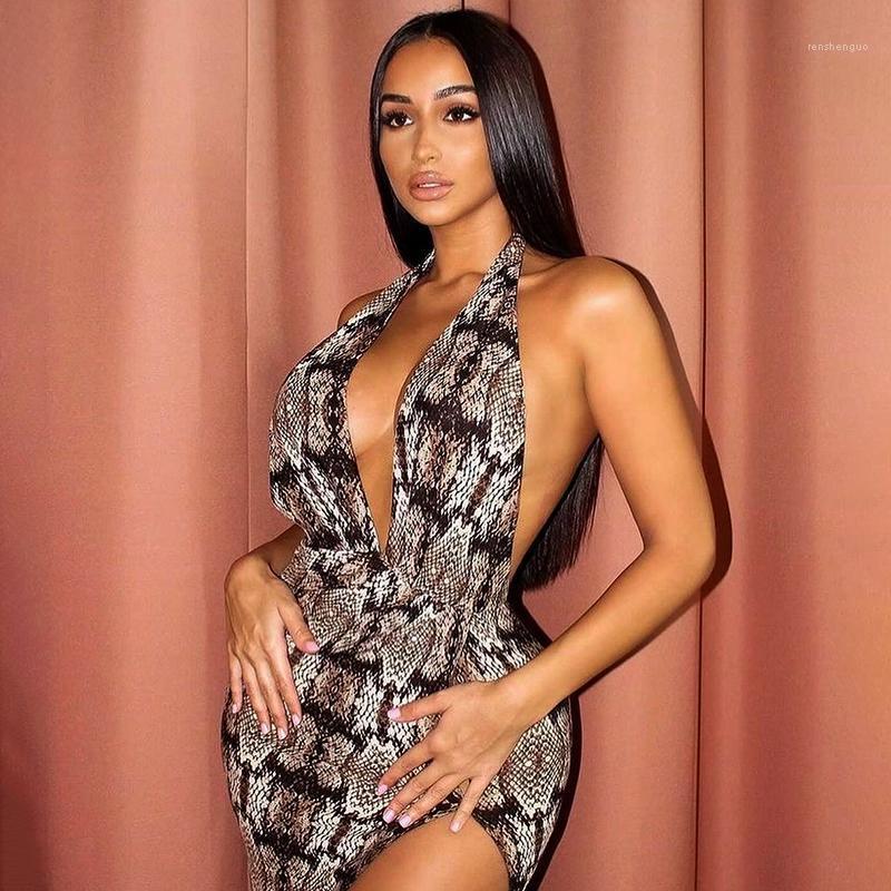 

Casual Dresses Wsevypo Sexy Backless Snakeskin Printing Maxi Dress Women Deep V-neck Halter High Split Party Club Summer Long, Multi
