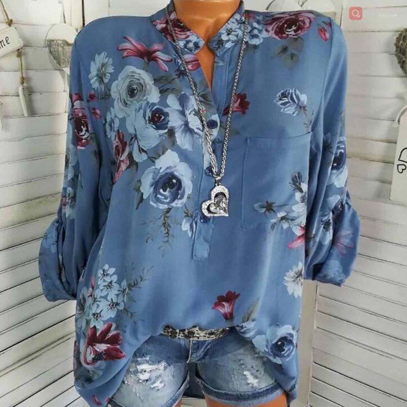 

Women's Blouses & Shirts Women Clothing Blouse Boho Flower Print Button Long Sleeve Casual Tunics Shirt V Neck Pullover Plus Size Blusas Muj, Blue