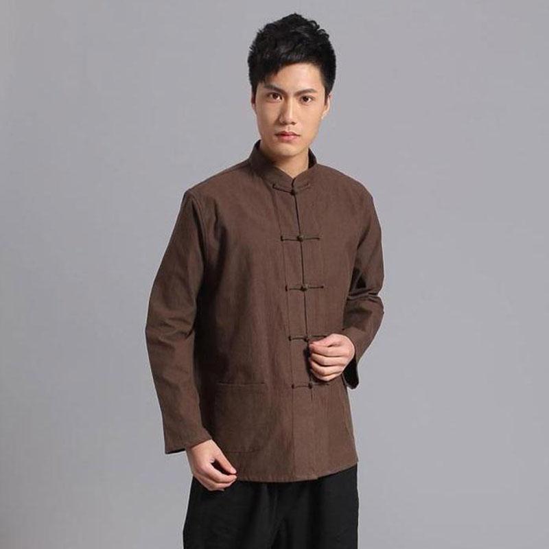

Men's T-Shirts 100%Cotton Traditional Chinese Clothes Long Sleeve Tang Suit Top Tai Chi Uniform Spring Autumn Shirt Blouse Coat For MenMen's