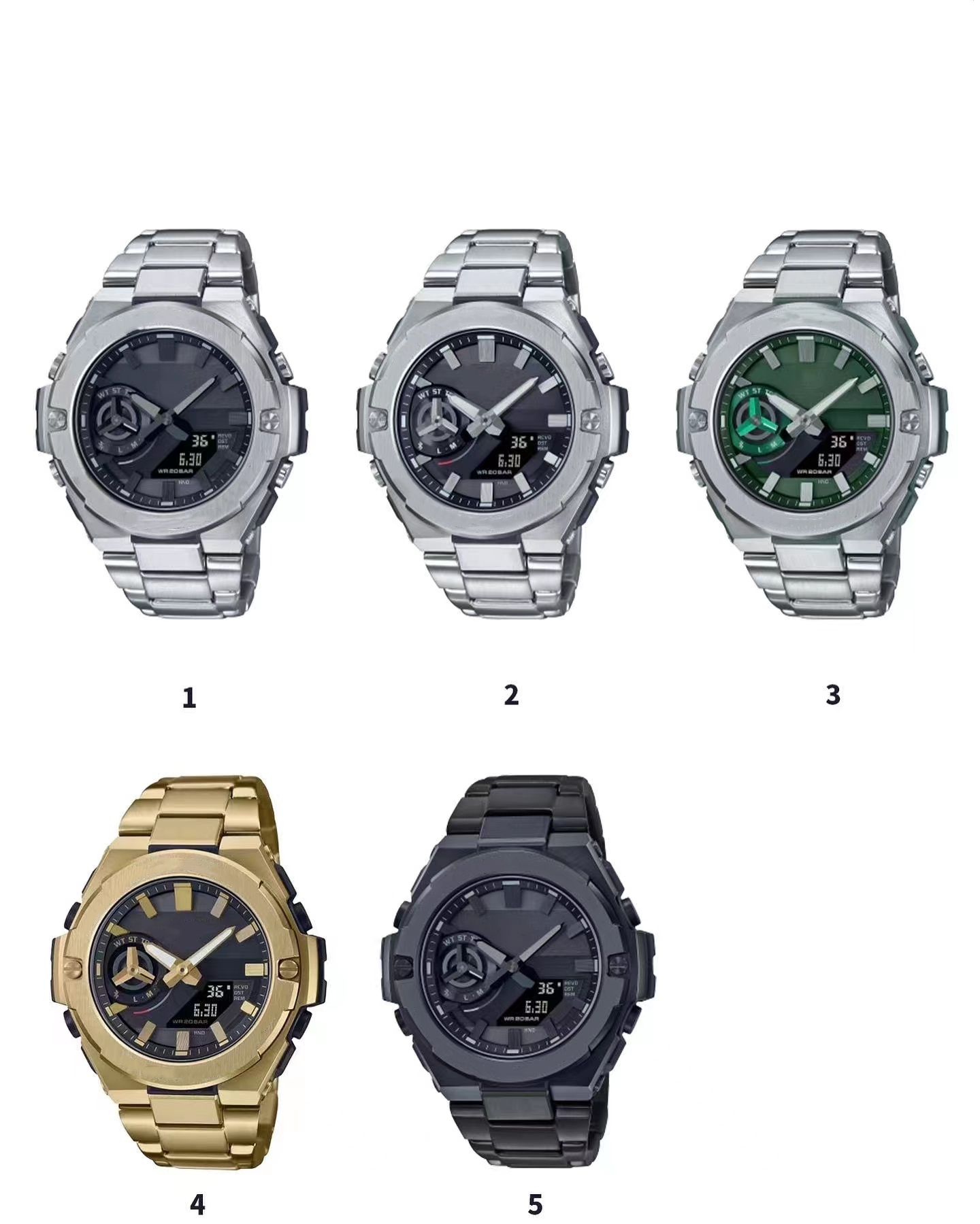 

Digital Sports Quartz B500 Men's Watch Full Function Automatic Hand Raise Light Metal Large Dial Water Resistant All Hands Operable Oak GST Collection