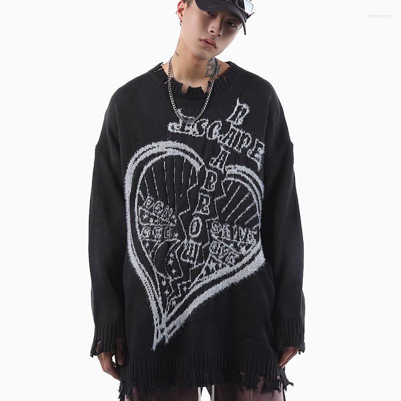 

Men's Sweaters Hi Street Oversized Hip Hop Fashion Streetwear Ripped Pullover Jumpers With Pattern Loose Fit Knitted TopsMen's Mari22, Black