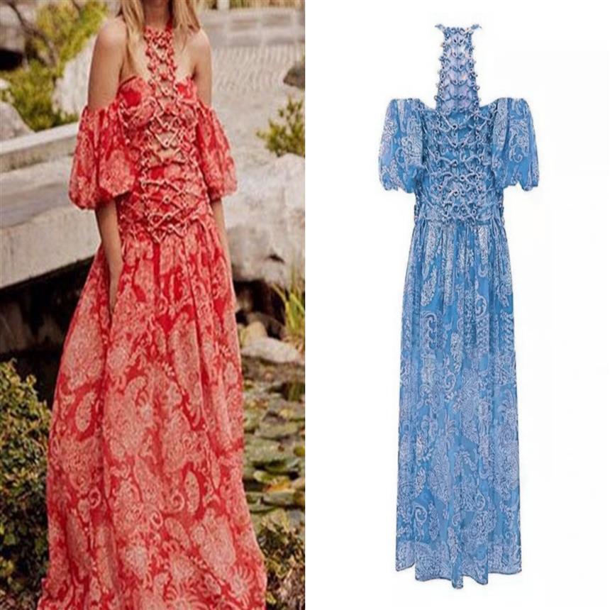 

Australia retro sexy dress with openwork printed slim lantern short-sleeved hanging neck279N, Red