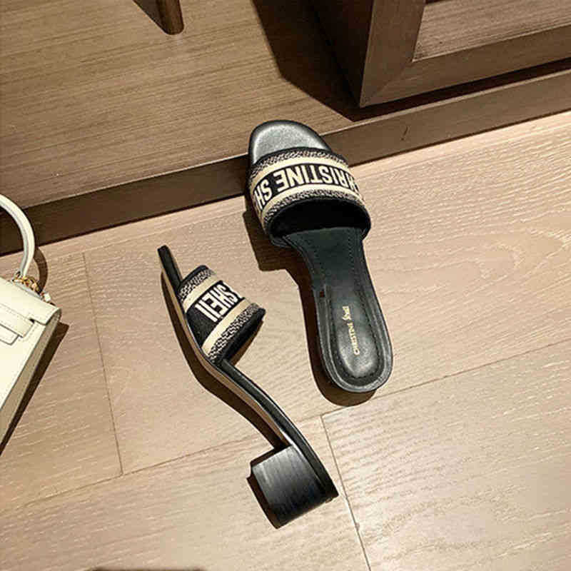 

summer family embroidery leather thick heel one line slippers women's beach sandals 75% off outlet online, Gray