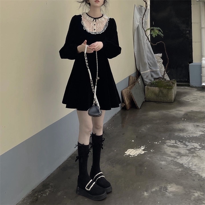 

HOUZHOU Black Kawaii Mini Dress Gothic Lace Patchwork Elegant Vintage Dresses Women Long Sleeve Spring Fashion Female Robe 226014