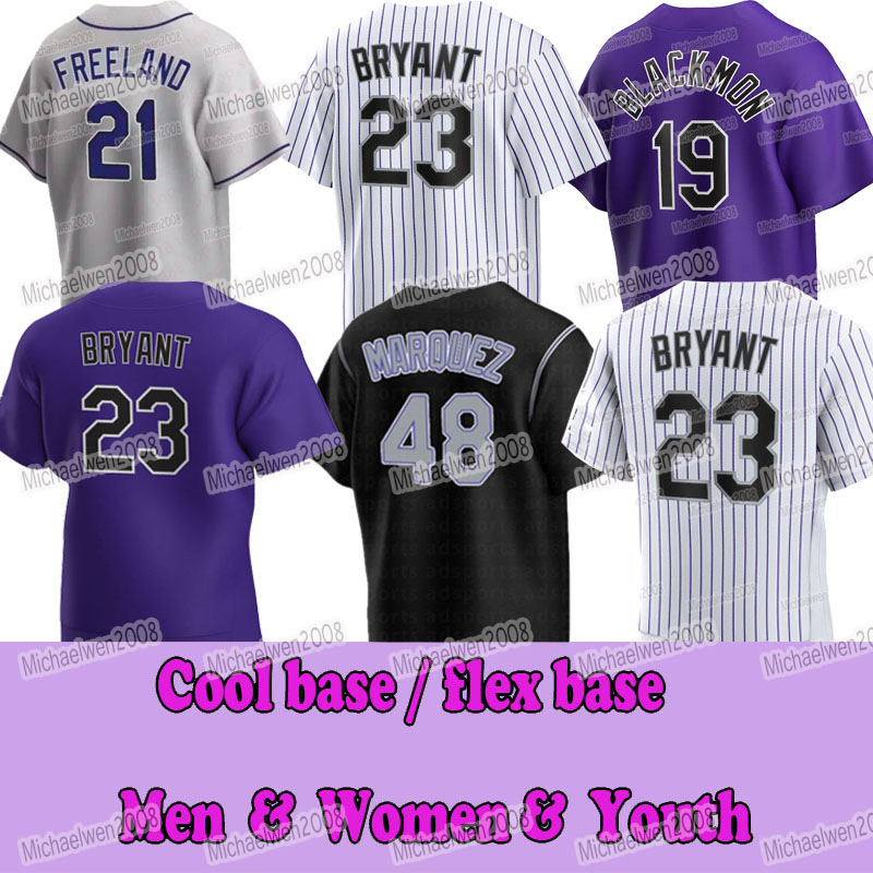 

23 Kris Bryant 2022 Jersey Charlie Blackmon German Marquez Brendan Rodgers Sam Hilliard Randal Grichuk Yonathan Daza Ryan McMahon Carlos Estevez, Men flex base