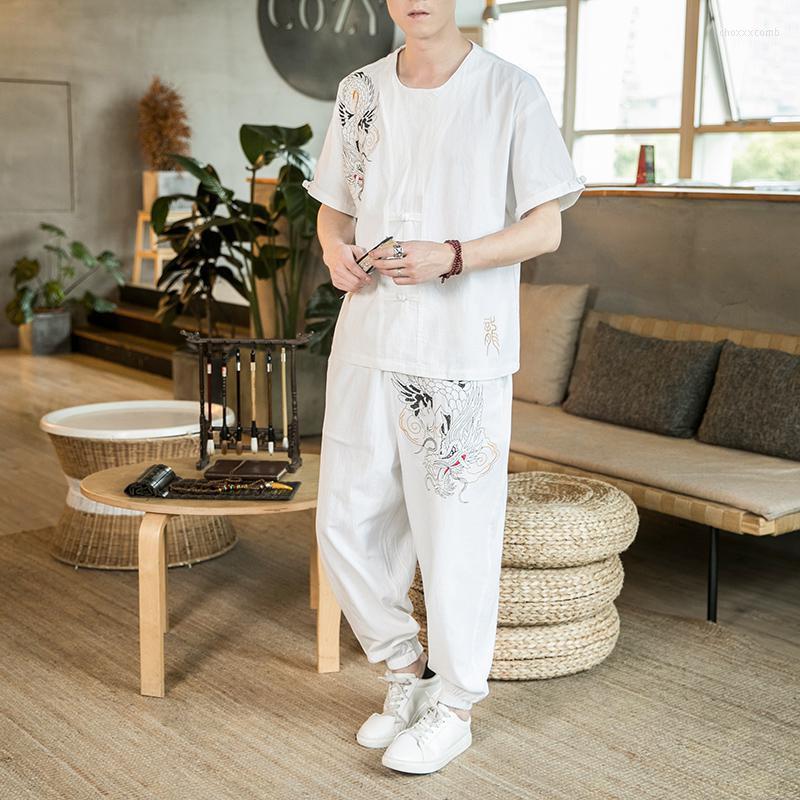 

Men's Tracksuits Chinese Style Tshirt Pants Loose Tracksuit Men 2022 Summer Cotton Linen Mens 2 Piece Sets Male Stork Track Suit XXXXXL, White linen sets men