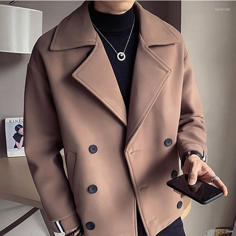 

Men's Wool & Blends Double Breasted Jacket 2022 High Quality Solid Color Fashion Slim Short Coat Winter Casual Warm -2XL Kend22, Black