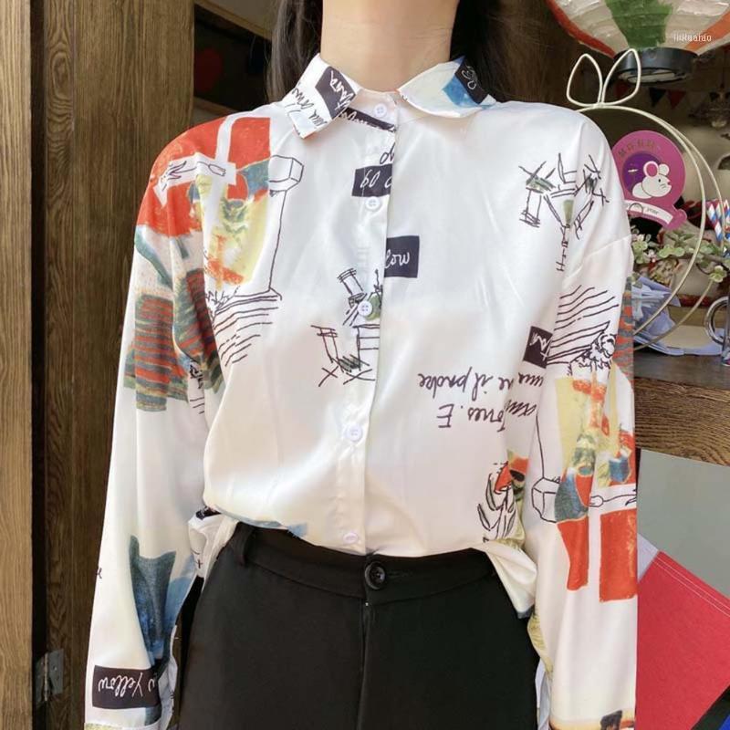 

Women's Blouses & Shirts Female Blouse Long Sleeve Letters Print Scrawling Single-breasted Loose Shirt Women Tops And, White