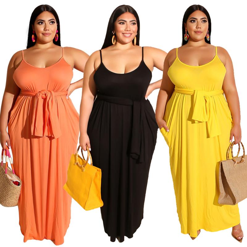 

Plus Size Dresses Summer Dress Casual Sexy Solid Color Belt Sling Women Clothing 4xl Elegant Loose Maxi Wholesale Drop, Black