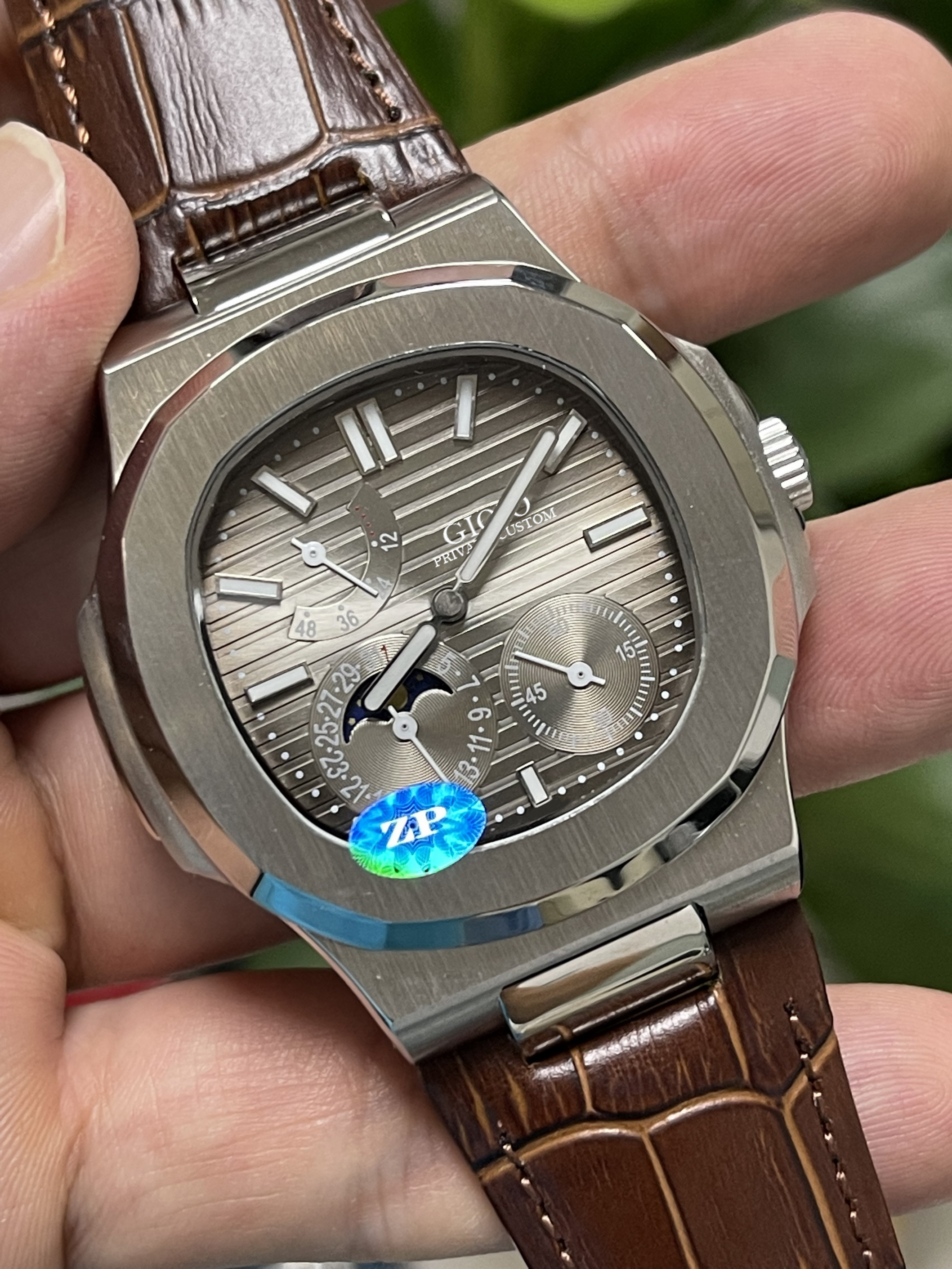 

Men Automatic Mechanical Watch Black Blue Grey Leather Moon Phase, Green