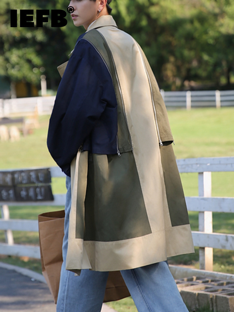 

Men's Trench Coats IEFB Patchwork Coat Design Color Contrast Korean Fashion Loose Casual Versatile Length Windbreaker Patchwork Male Tops 220826, Khaki