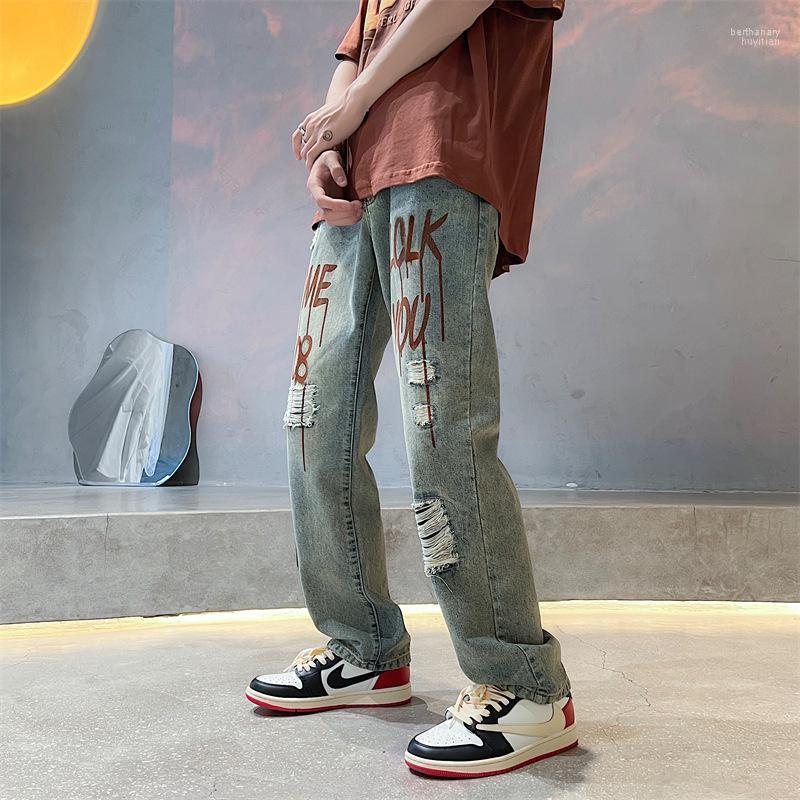 

Men' Jeans Broken Hole Spring And Summer Harajuku Tide Brand Ins Loose Japanese Hip Hop Casual Wide Leg JeansMen' Bert22, Blue