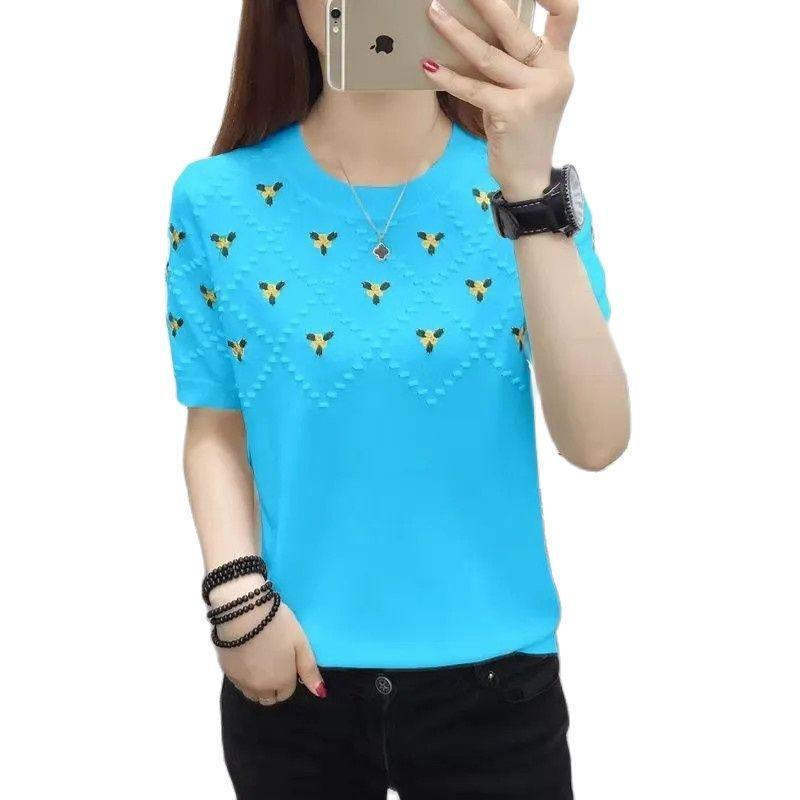 

Women's Sweaters Ice Silk Little Flower Short Sleeve T-Shirt Women's Korean Style Loose Wild Fashion Knitting Shirt Embroidered Summer C, Yellow