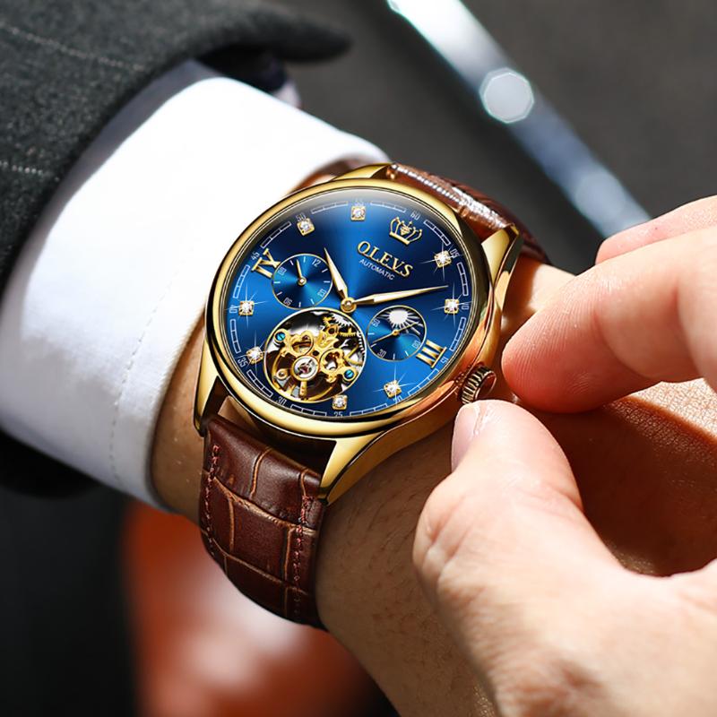 

Wristwatches Classic Mens Mechanical Watches Automatic Watch Tourbillon Clock Genuine Leather Waterproof Military WristwatchWristwatches, Blue dial