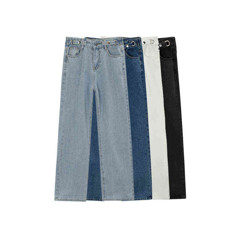 

Woman Jeans Four-color Adjustable Buttons High Waist Loose Thin Wide-legged Trendy Jeans Women's Trousers Straight-leg Pants 4C T220728, White