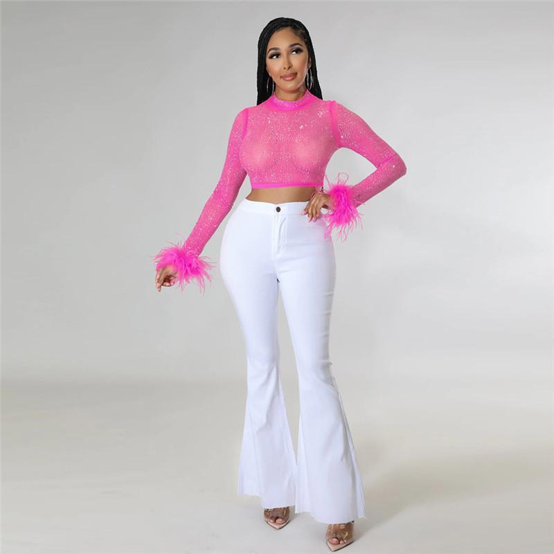 

Women' Blouses & Shirts Fashion O-neck Long Sleeve Bright Diamond Stitching Feather Shirt Summer Club Party Sexy Women Solid Color ShirtWom, Black