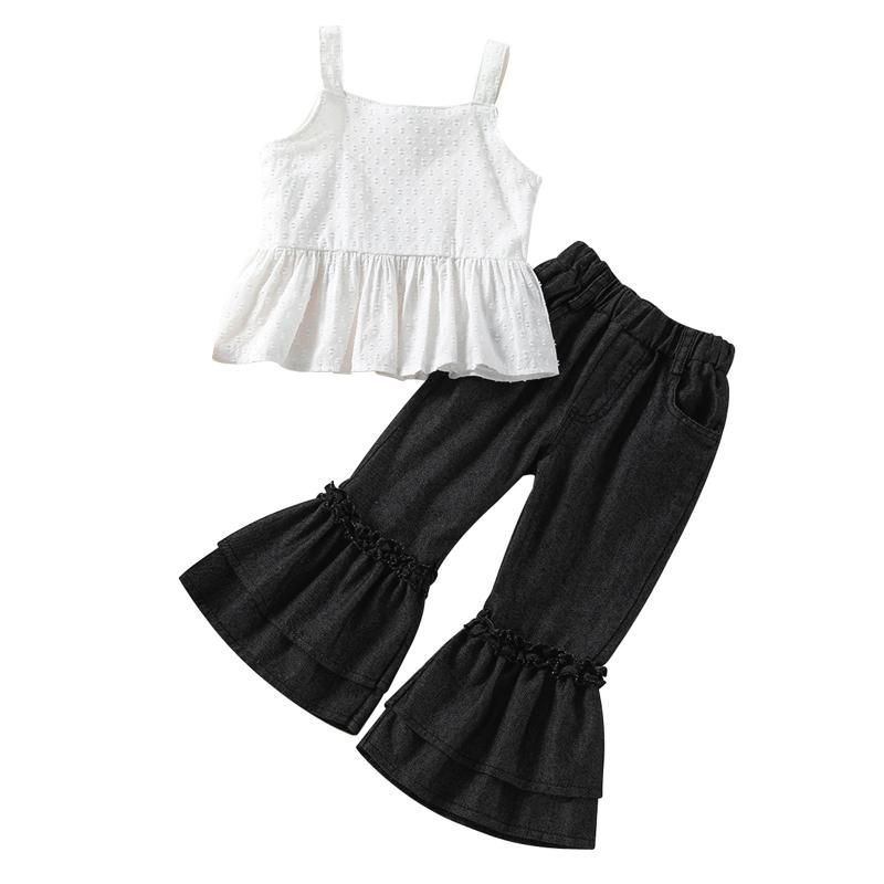 

Clothing Sets Kid Infant Baby Girl Long Pants Outfits Sleeveless Ruffles Hem White Tank Tops Elastic Waist Flare Set 2-7TClothing, As pic