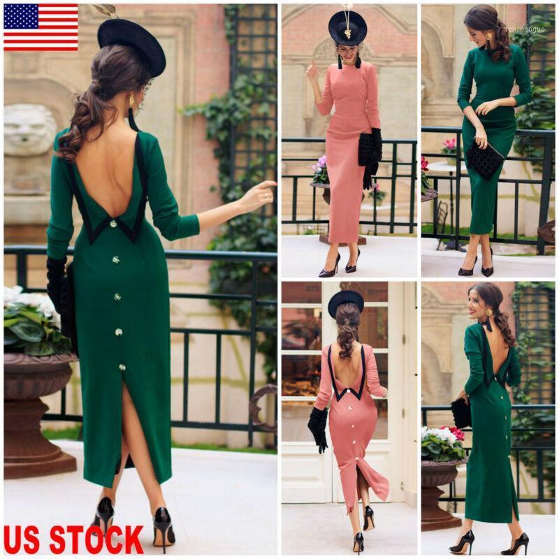 

Casual Dresses Women Long Sleeve Dress Bodycon Summer Backless Formal Party Night Cocktail Pencil Midi, Green
