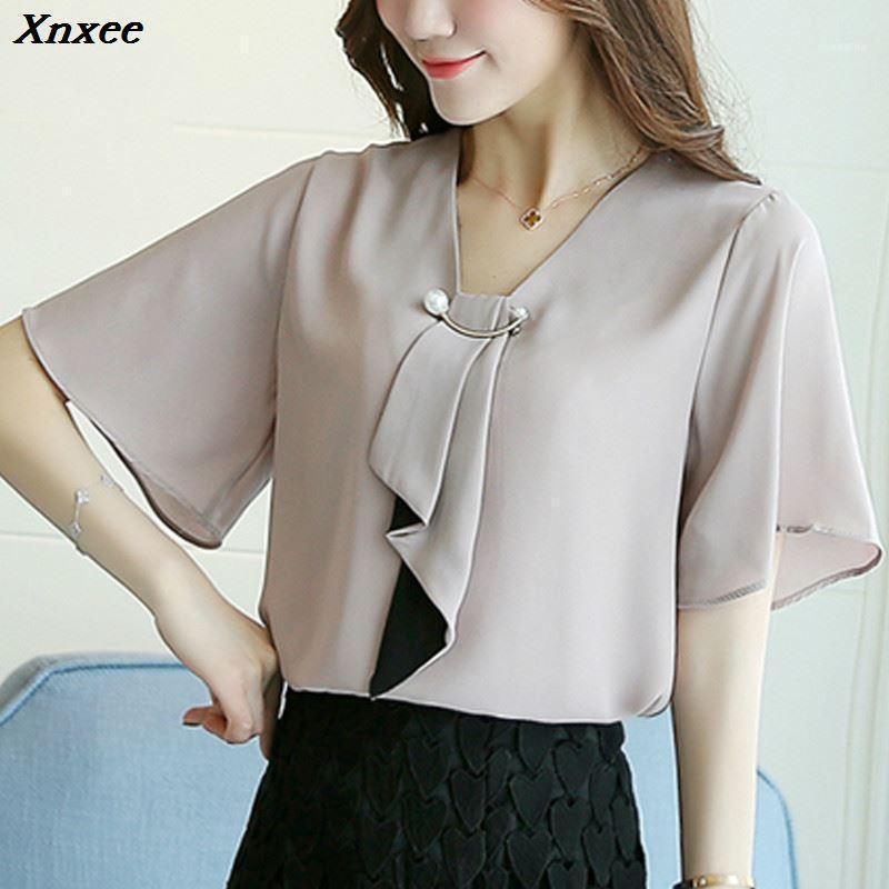 

Fashion Chiffon Women Shirt Blouse Short Sleeve Plus Size Women's Clothing Loose Bow Neck Tops Blusas Xnxee Blouses & Shirts, Green