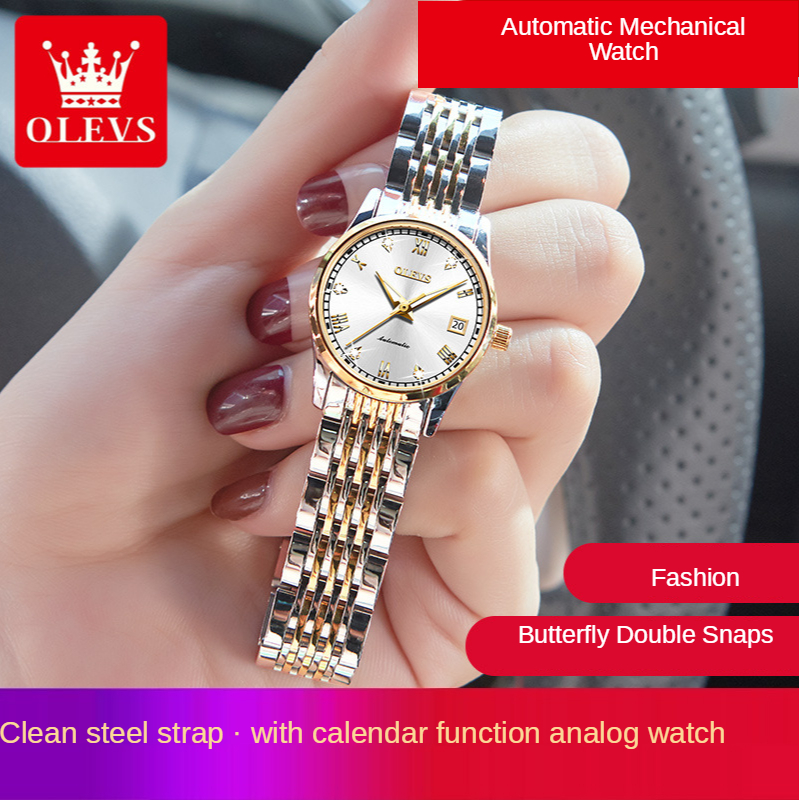 

OLEVS Top Luxury Brand Automatic Mechanical Watch Fashion Diamond Ladies Wristwatch Female Luminous Calendar Watches, Gold blue