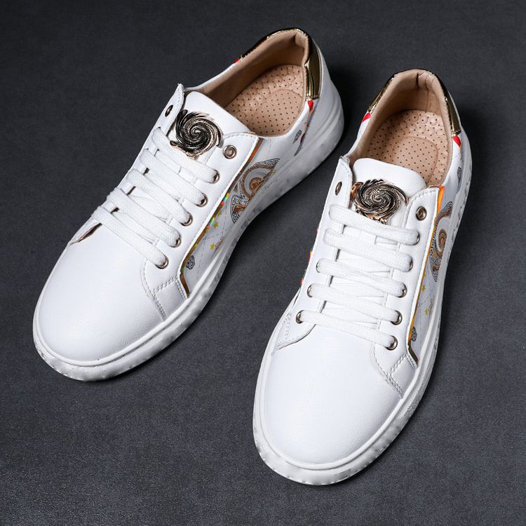 

Small White Shoes Men PU Color Matching Round Toe Flat Trend Fashion Metal Head Pattern Lacing Daily Youth Outdoor Casual Shoes HM238