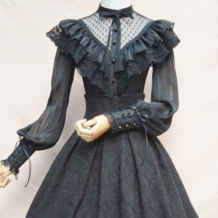 

Japanese Spring Lolita Retro Court Harajuku Blouse Top Long Sleeve Chiffon Stand Collie Lace Lantern Bottom Shirt Women' Blouses & Shirts, Only shirt