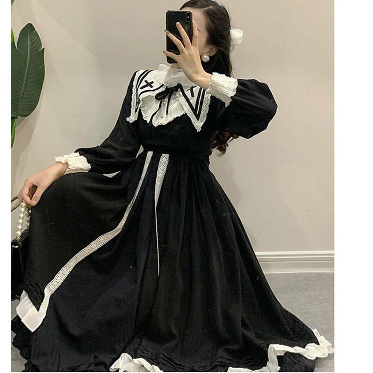 

Casual Dresses Gothic Cross Black Lolita Dress Dark Acadamic Women Goth Retro Stand Collar High Waist Emo Alt Clothes