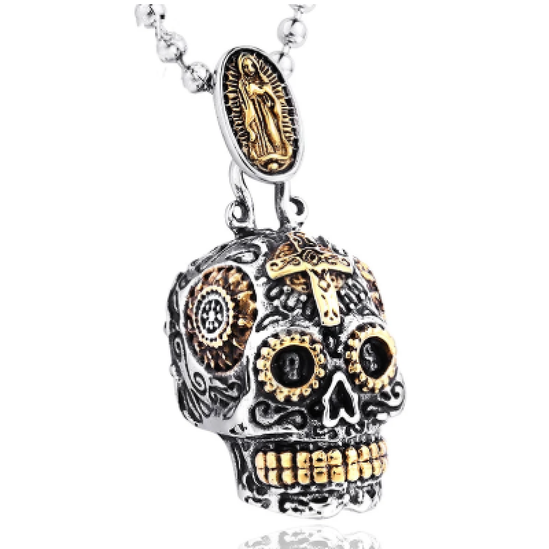 

Pendant Necklaces Large Sugar Skull Green Crystal Necklace Vintage Gold Silver Color Punk Biker For Women Men Jewelry WholesalePendant