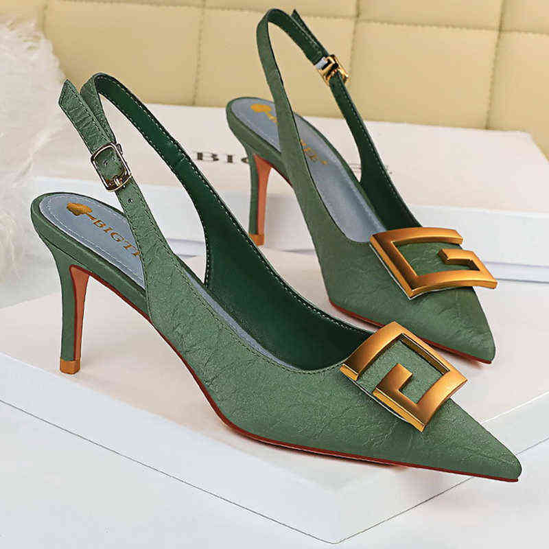 

BIGTREE Shoes Green Women Sandals Metal Square Buckle Kitten Heels Hollow Back Strap Summer Luxury Party Stiletto 220531, White