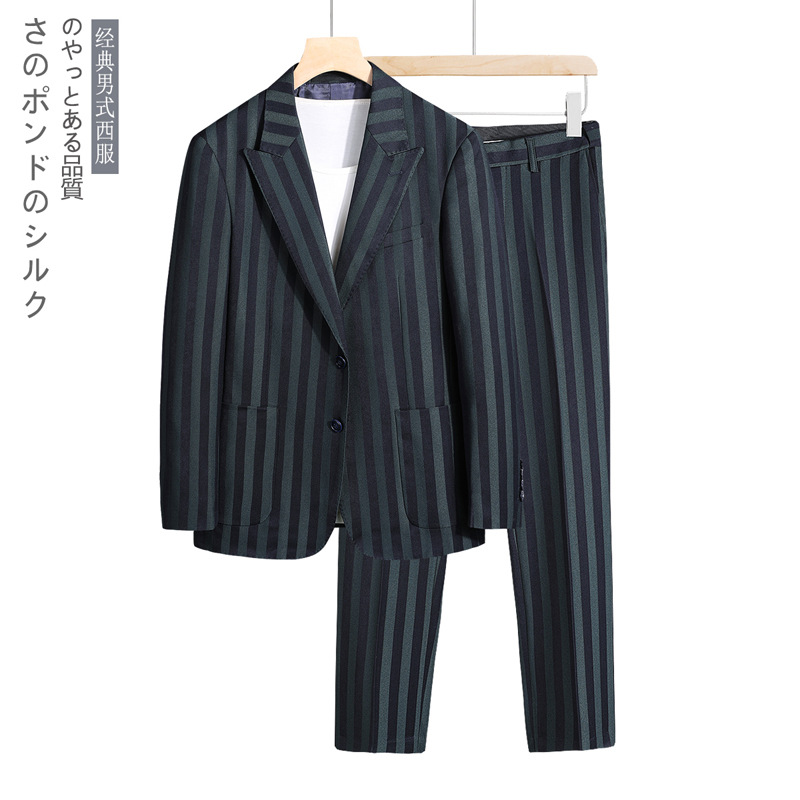 

Autumn new men's suits solid color casual slim striped business large size two button two-piece formal suit, Green