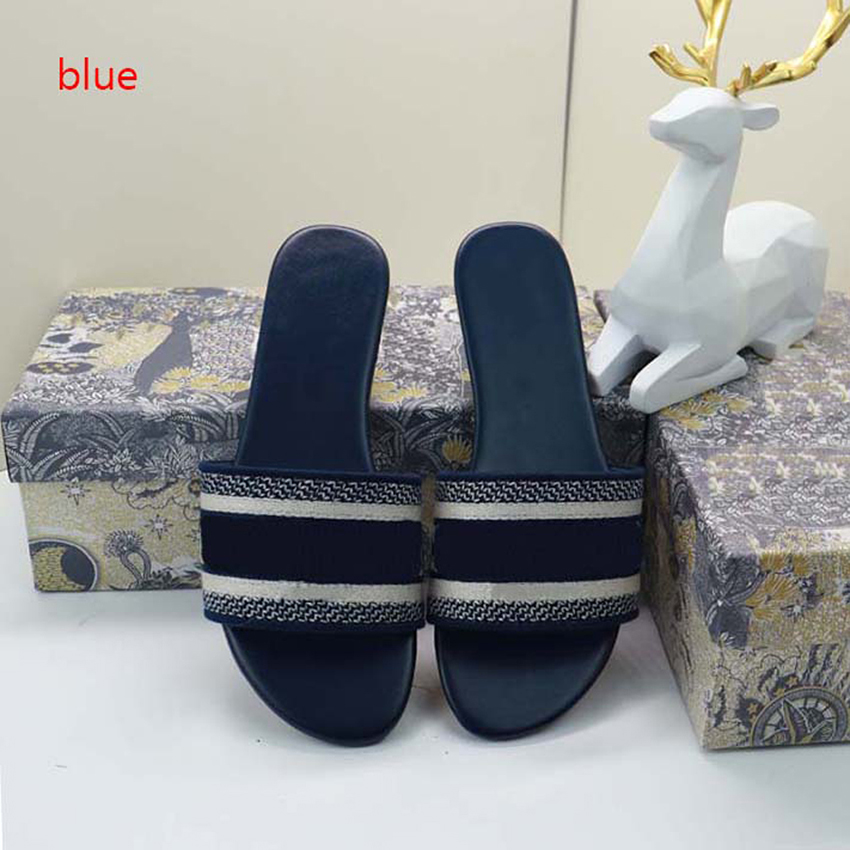 

2022Embroidered slipper women ladies scuffs summer beach striped causal flip flops flat Slide Slippers sandals Cotton Designers Fluffy fur Slides 35-42 02, Original box