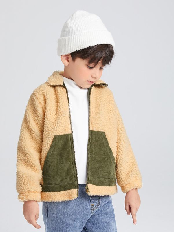 

Toddler Boys Zip Up Contrast Panel Teddy Jacket SHE, Khaki.