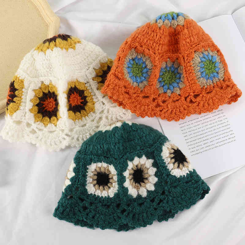 

2021 New Panama women fashion brand wool s pure cotton Winter foldable Hollow Crochet Knitting multicolor Bucket hat