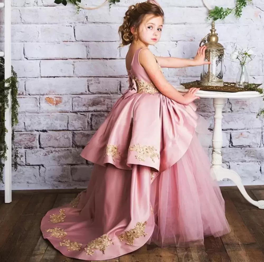 

New Pink Long Little Girls Ball Gown Pageant Dress Birthday Party Kids Gold Lace Tulle Girls Dresses, Black