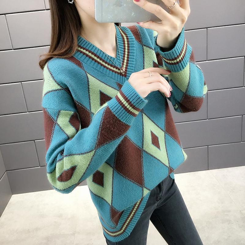 

Women' Sweaters Women Autumn Winter Loose V-neck Knit Tops Female Contrast Color Sweater Ladies Long Sleeve Pullover X54Women, Black