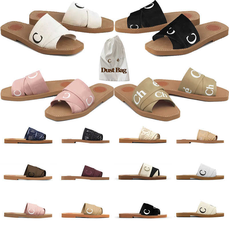 

Women Flat Sandals Woody Mules Designer Canvas Slippers Rubber Slides White Black Pink Beige Lace Lettering Fabrice Womens Summer Outdoor, Box