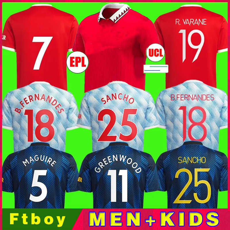 

21 22 SANCHO soccer jersey player version BRUNO FERNANDES LINGARD POGBA RASHFORD football shirts 2021 2022 men kids kit sets, Home patch