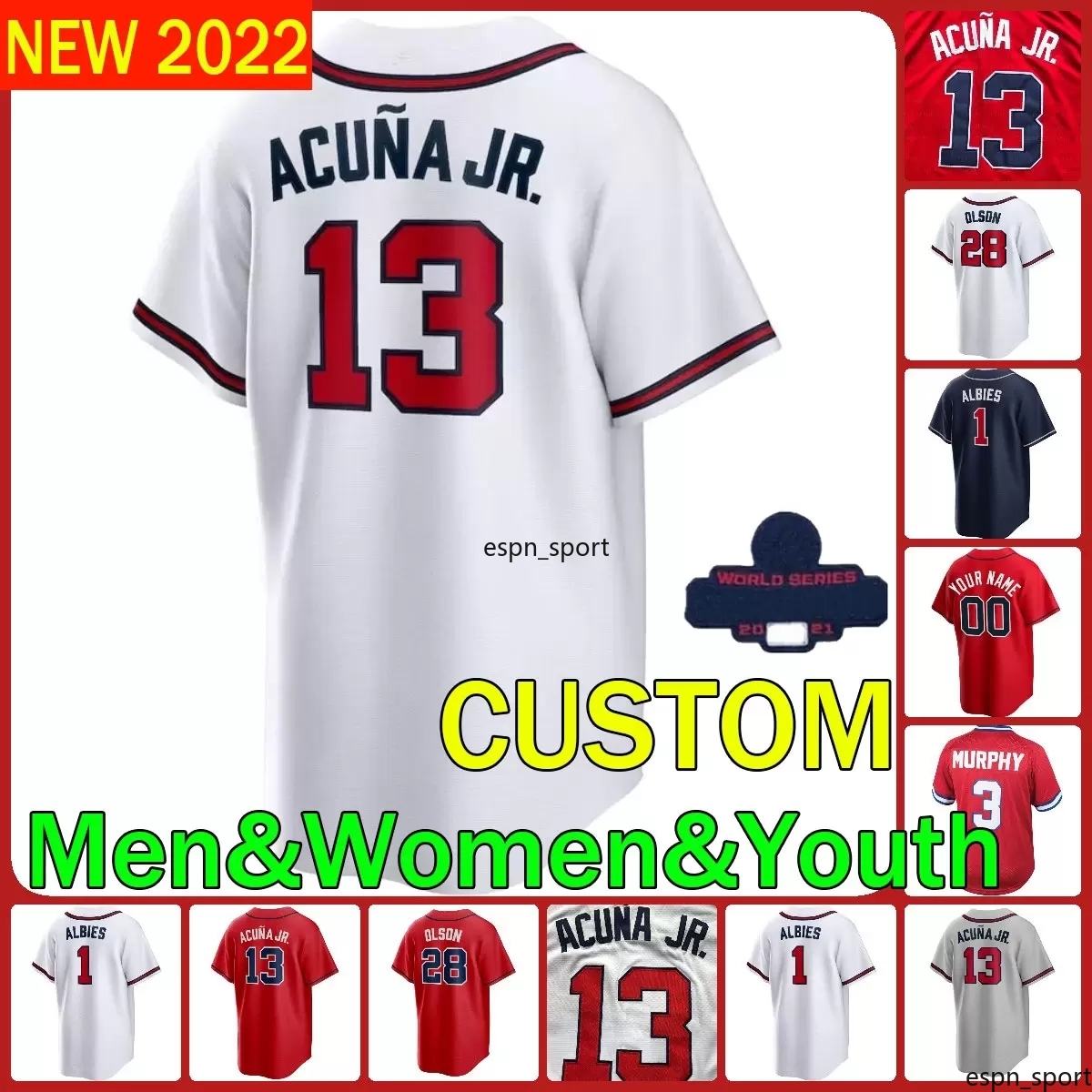

Top Quality 2022 Custom 28 Matt Olson Jersey 20 Ozuna Austin Riley Dansby Swanson 13 Ronald Acuna Jr. Ozzie Albies Mike Soroka 10 Jones Baseball Jerseys, Color 14