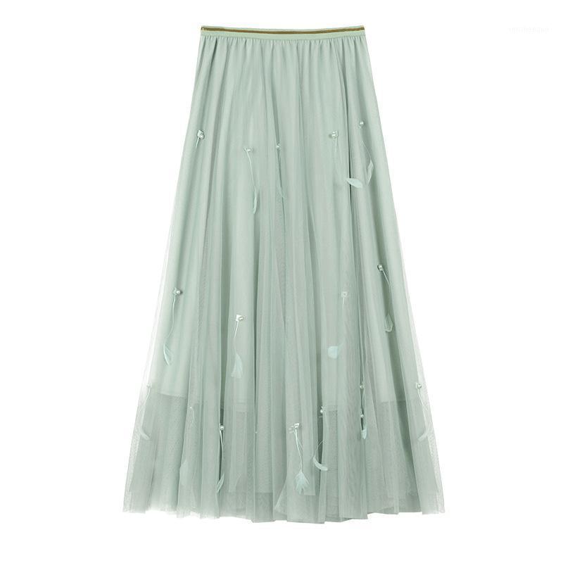 

Skirts 2022 Long Tulle Midi Womens Spring Beaded Autumn Elastic High Waist Mesh Tutu Pleated Skirt Streetwear, Black