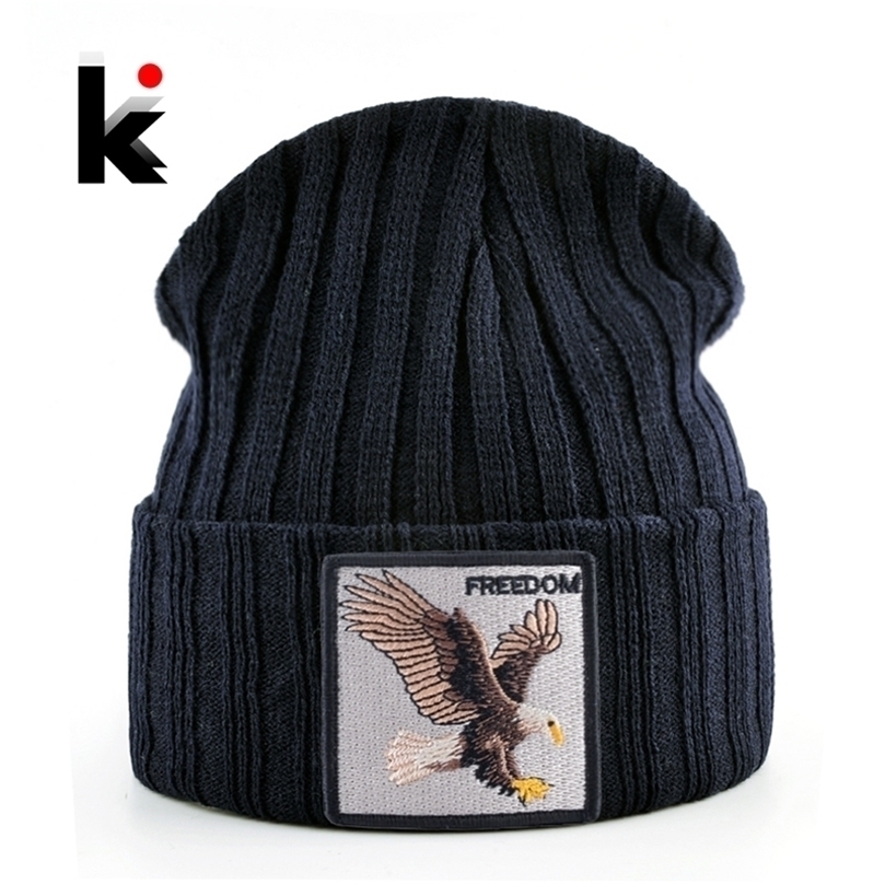 Knitted SKullies Beanies Men Hip Hop Solid Hat With Embroidery Eagle Patch Double Layer Knit Bonnet Women Streetwear Kpop Gorras 220816