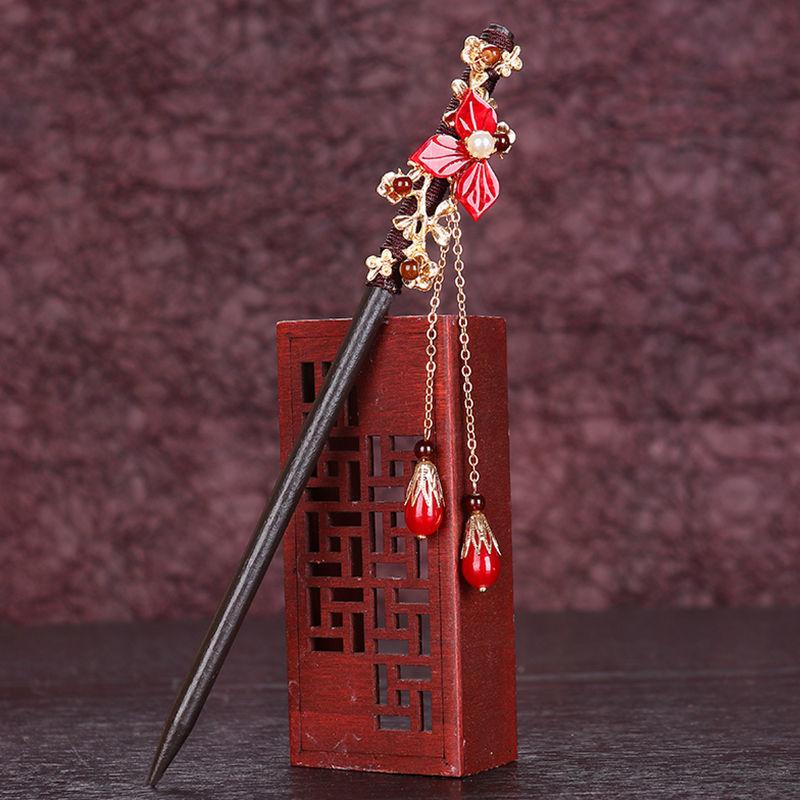 

Hair Clips & Barrettes Retro Red Chinese Style Hanfu Tassel Women Luxurious Wood Flowers Chopsticks Hairpin Woman Jewelry Clip Accessories